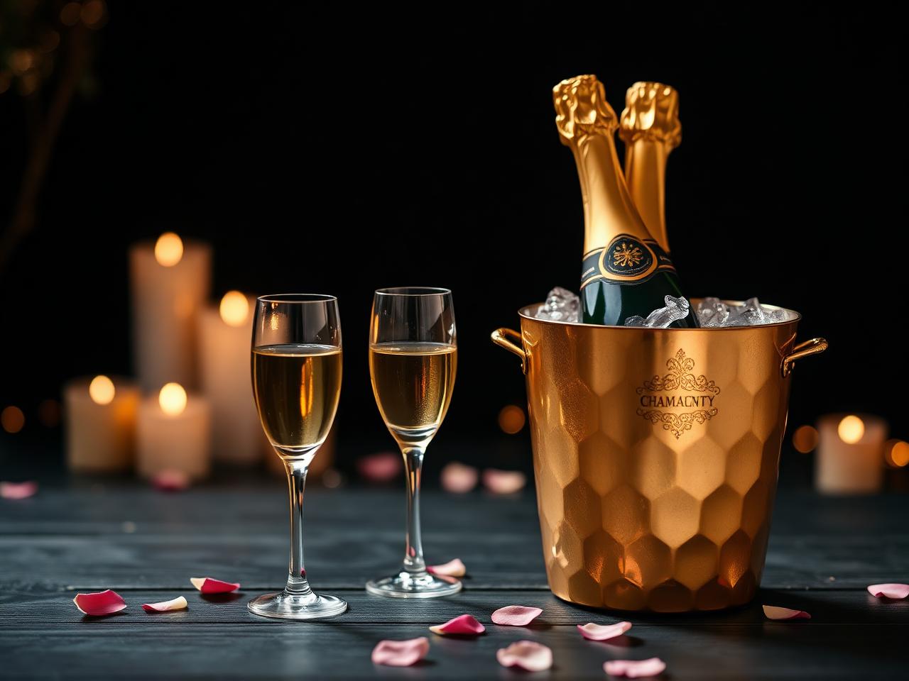 Copas de champán y fresas con chocolate servidas en el domo
